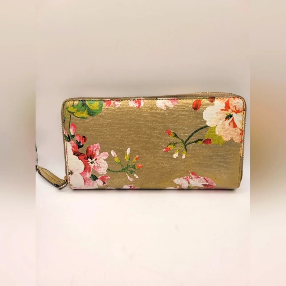 GUCCI Blooms Round Zip Long Wallet Flora Pink Beige Red Leather Floral